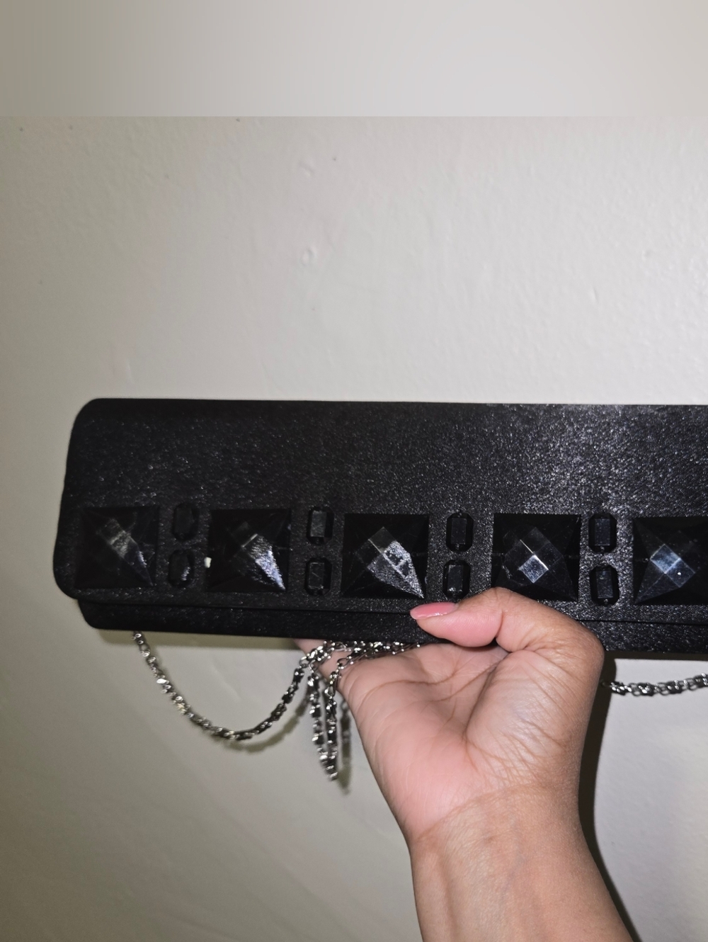 Black Jeweled Evening Clutch with Silver Chain